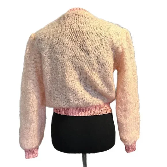 Fuzzy peachy pink and white cardigan - true vintage 90s - Picture 6 of 7